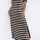 Striped V-Neck Short Sleeve Side Slit Dress