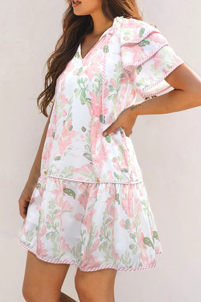 Floral Contrast Edge Layered Short Sleeve Mini Dress