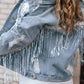 Sequin Fringe Trim Distressed Button Up Denim Jacket