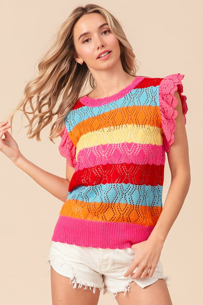 Pointelle Striped Ruffled Knit Top