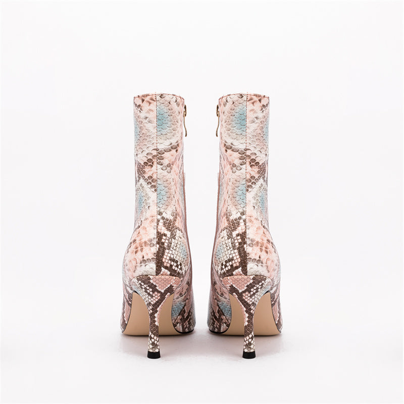 Snakeskin Pointed Toe Thin Heel Ankle-Boots