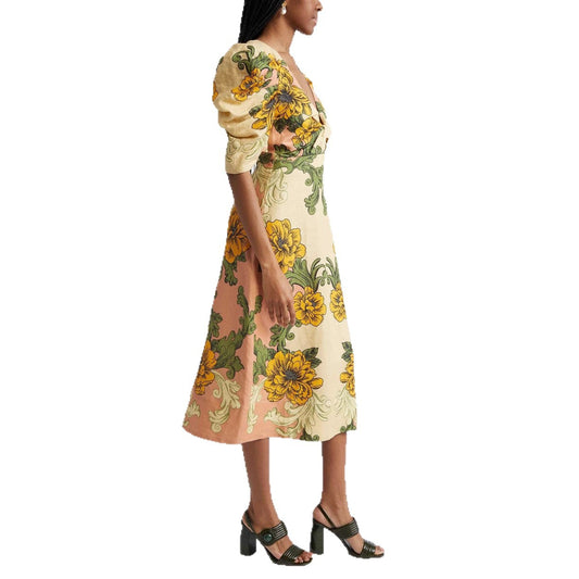 Printed Hollow Out V-Neck Midi Dress