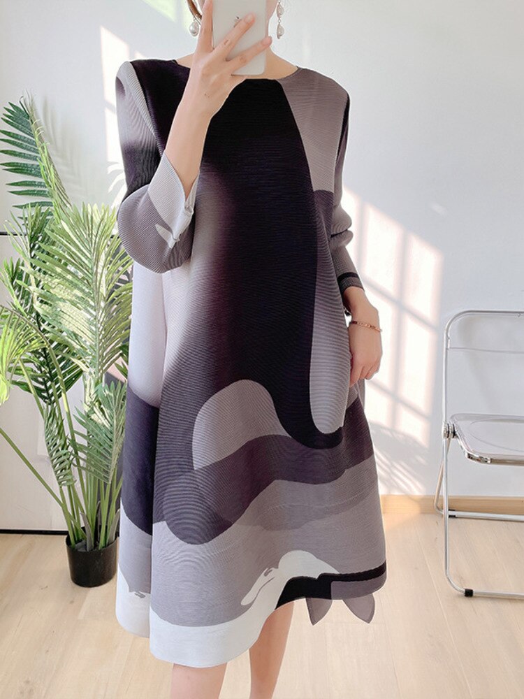 Miyake Pleated Contrast Print Midi Dress