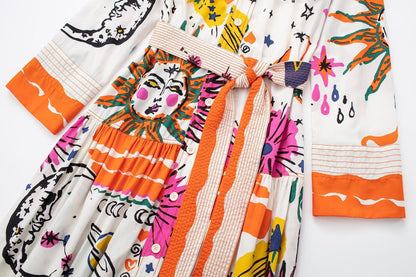 Boho Printed Long Sleeves Belted Midi Dress