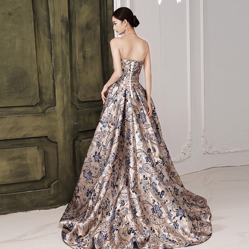 Jacquard Print Strapless Evening Dress