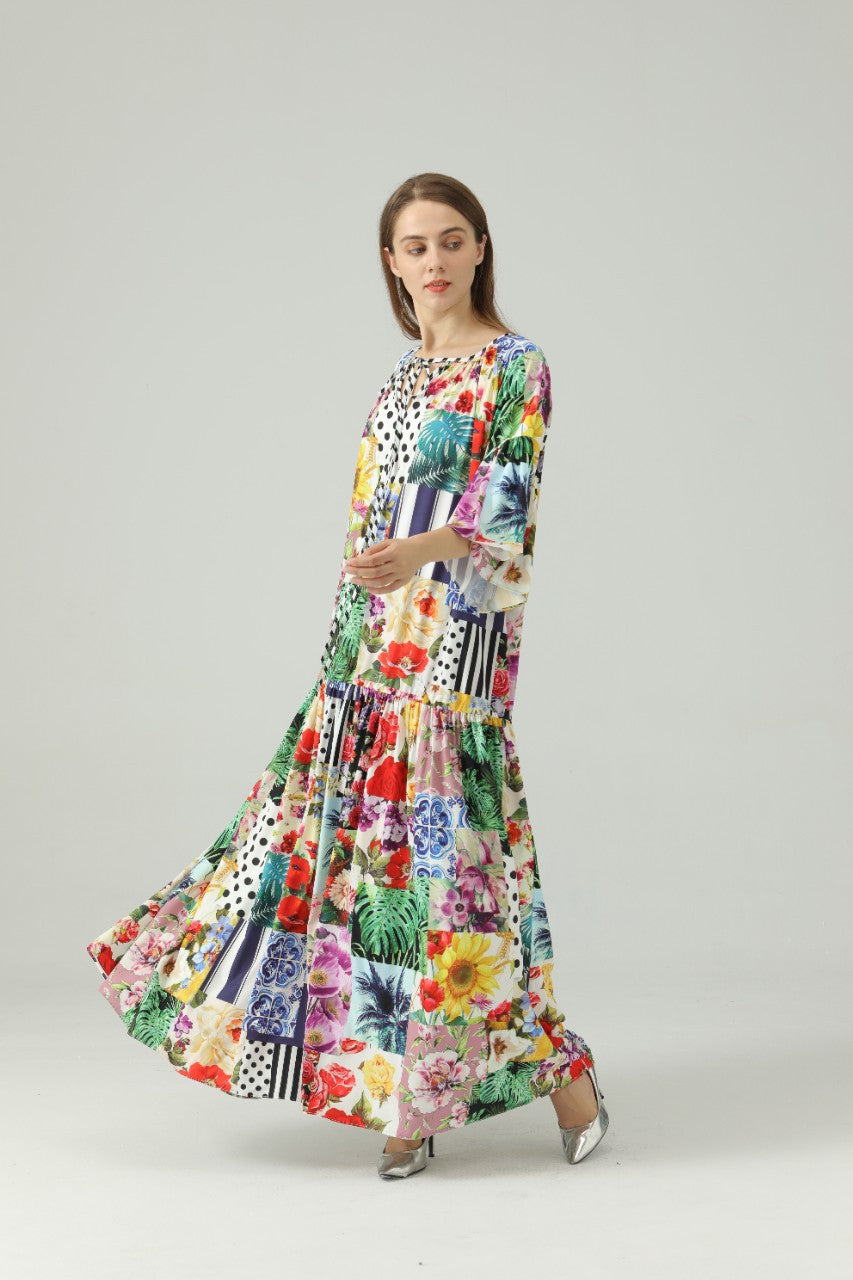 Floral Tie-Neck Flare Sleeve Maxi Dress