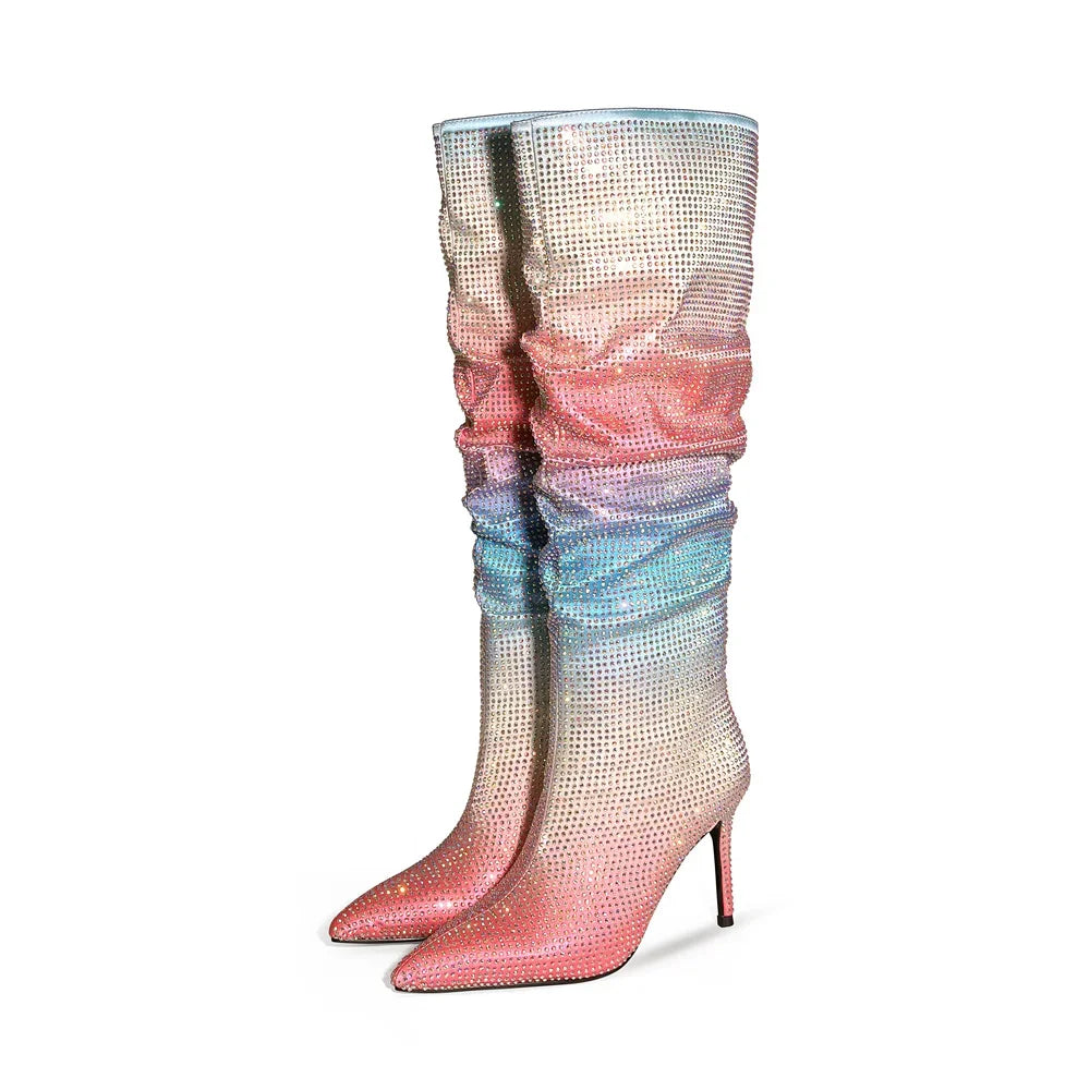 Gradient Rhinestone Pleated Knee-High Boots