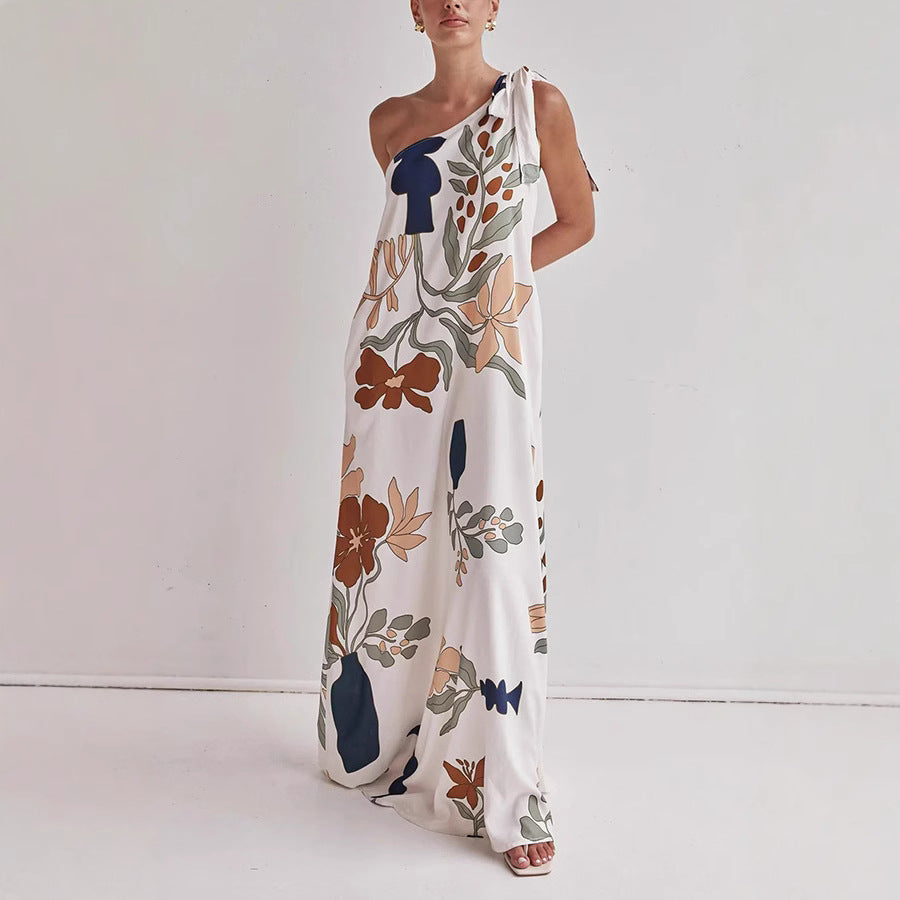 Printed Tied One-Shoulder Maxi Dress