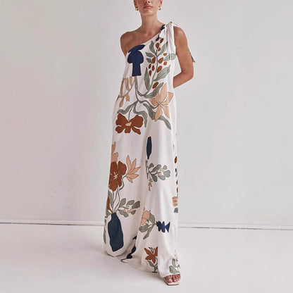 Printed Tied One-Shoulder Maxi Dress