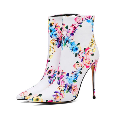 Floral Print Pointed Toe Ankle Boots