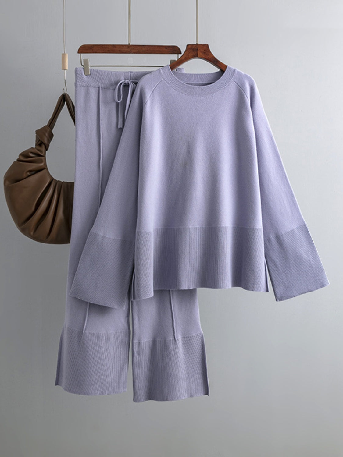 Slit Round Neck Long Sleeve Top and Drawstring Pants Sweater Set