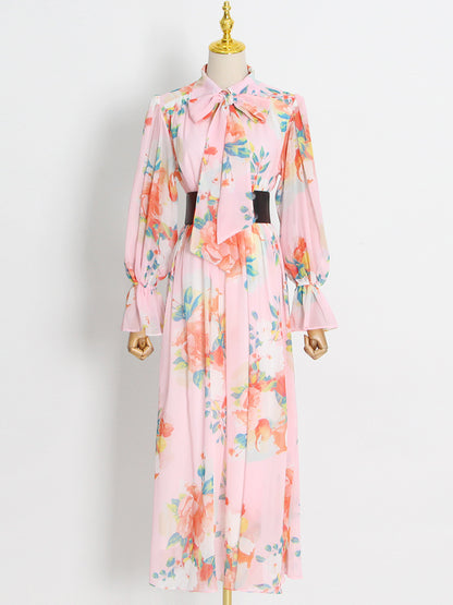 Floral Collared Bow Tie Midi Dress