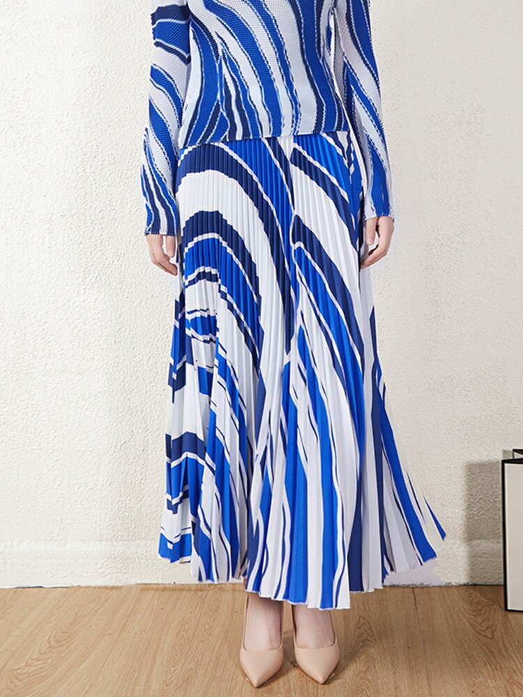 MIyake Pleated Striped Top & Long Skirt Set