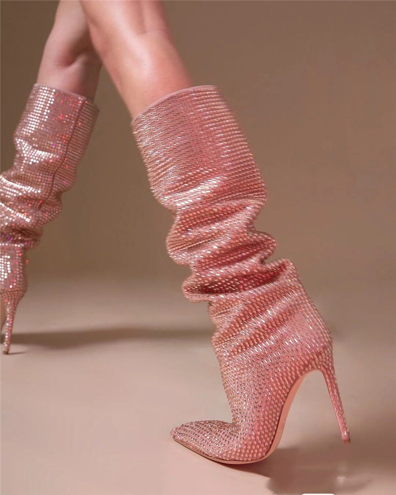 Rhinestone Pointed Toe Knee-High Boots