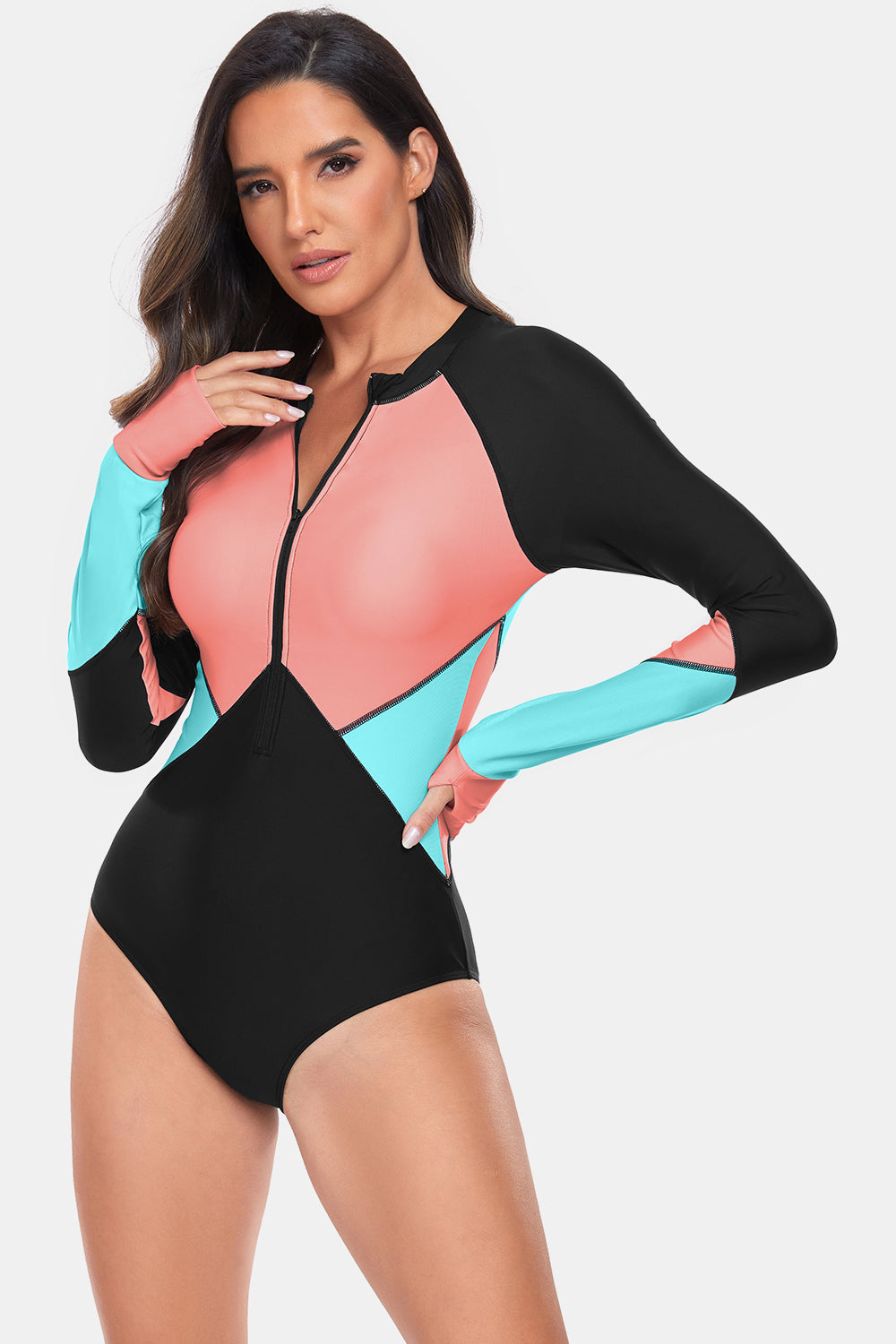 Color Block Half Zip Long Sleeve One-Piece Swimwear