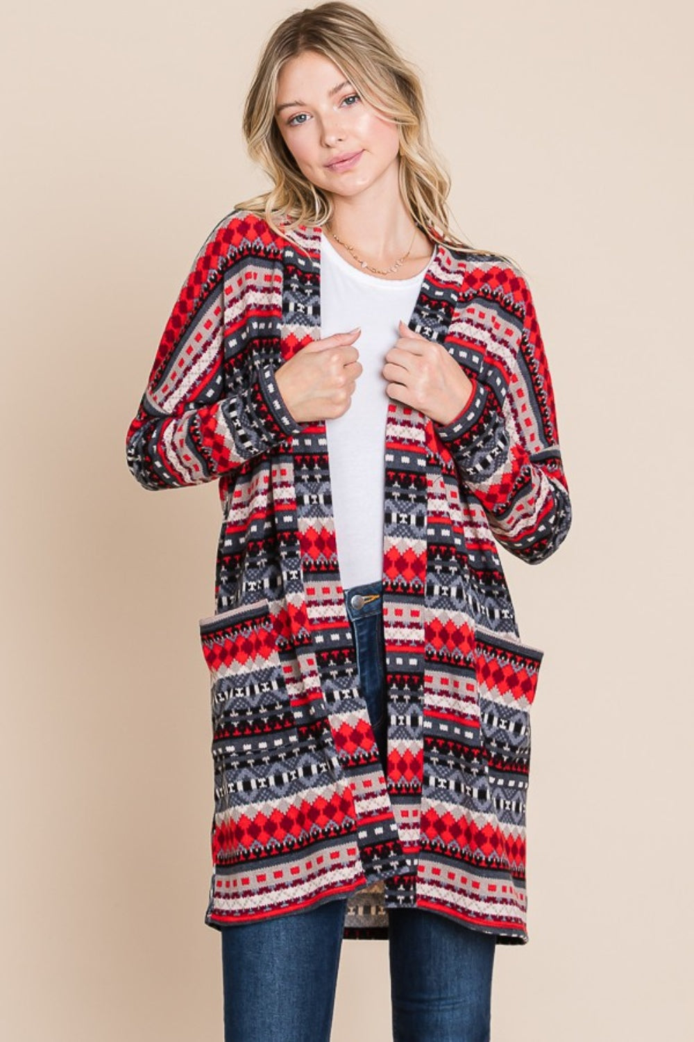 Geometric Open Front Long Sleeve Cardigan with Pockets