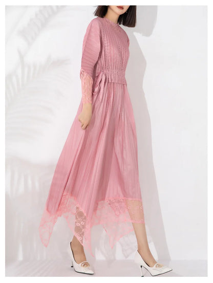Miyake Pleated Lace Patchwork Midi Dress
