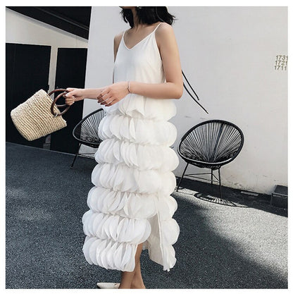 Sleeveless Spaghetti Strap Layered Patches Midi Dress