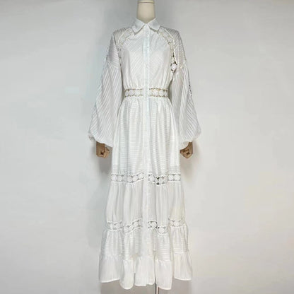 Embroidery Lantern Sleeve Openwork Maxi Dress