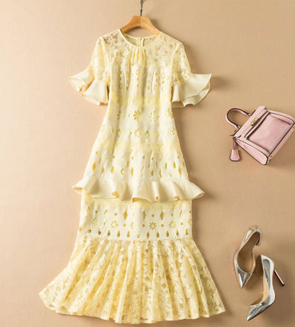 Lace Patchwork Hollow-Out Ruffled Midi Dress