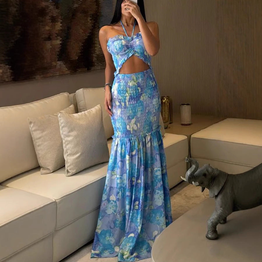 Printed Halter Neck Cutout Maxi Dress