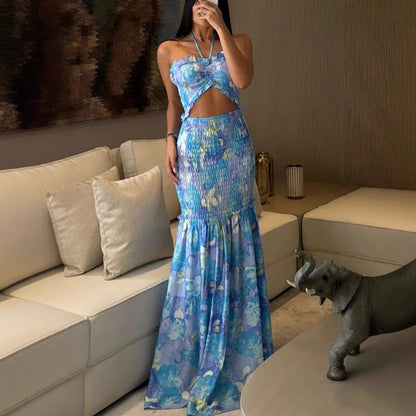 Printed Halter Neck Cutout Maxi Dress