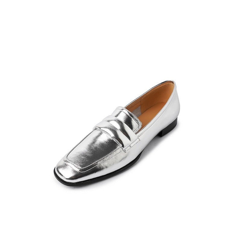 Full leather loafers square toe gold and silver glossy cowhide deep cut single shoe for women