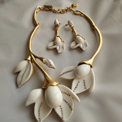 White Magnolia Dangle Earrings and Necklace Set