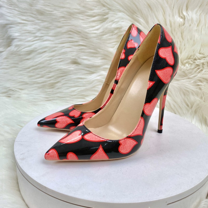 Heart Print Patent Pointed Toe Stiletto Pumps