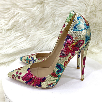 Gold Floral Pointed Toe Stiletto Pumps