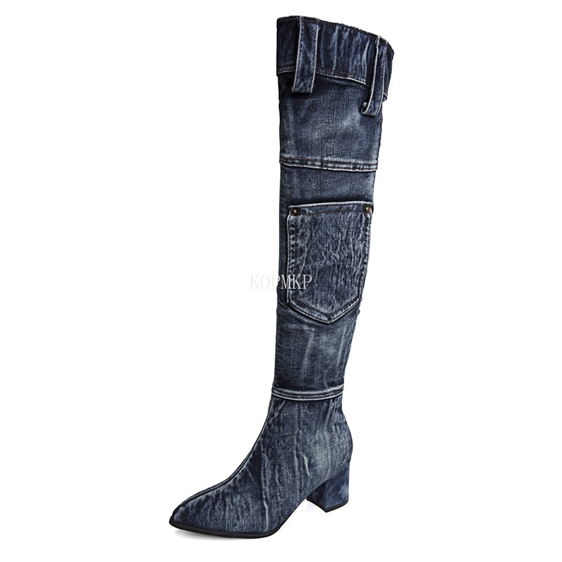 Knee-High High Heel Denim Chelsea Boots