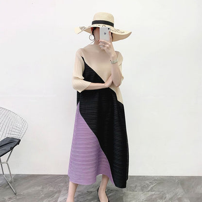 Miyake Pleated Color Block Midi Dress