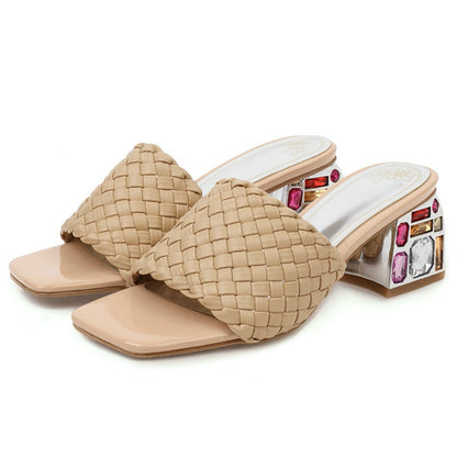 Rhinestones Braided Open Toe Chunky Heel Sandals