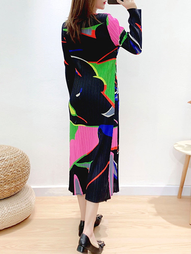 Miyake Pleated Color Block Long Sleeves Midi Dress