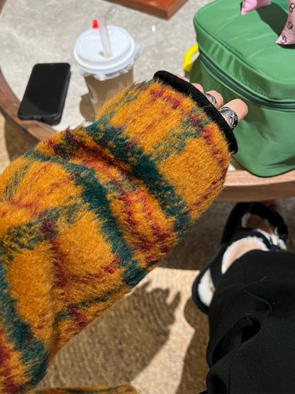 Retro Colorful Plaid Double-Breasted Woolen Trench Coat