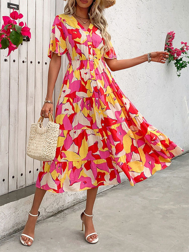 Printed Tiered V-Neck Midi Dress