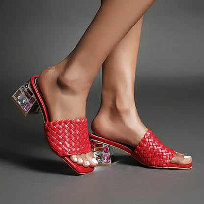 Rhinestones Braided Open Toe Chunky Heel Sandals