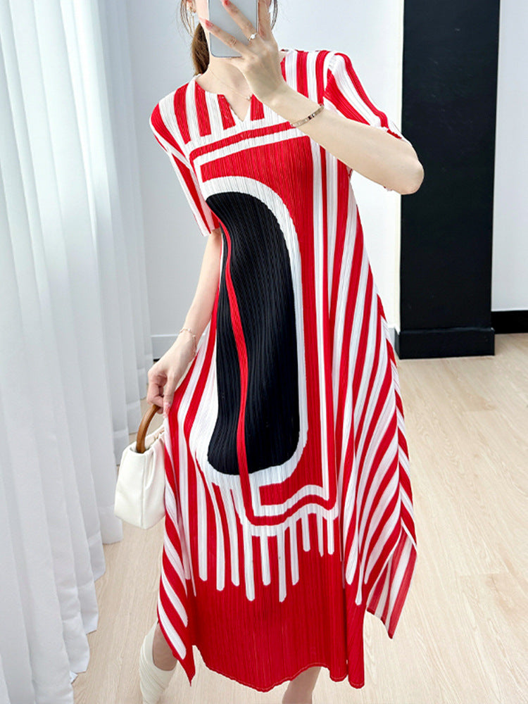 Miyake Pleated Striped A-Line Dress