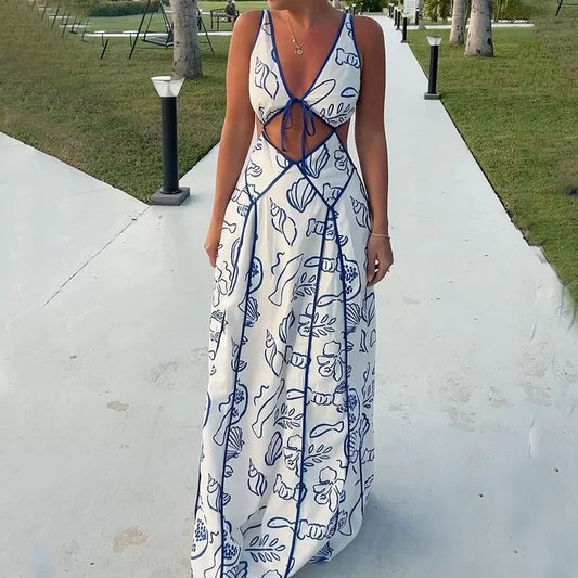 Printed Hollow Out Sleeveless Maxi Dress