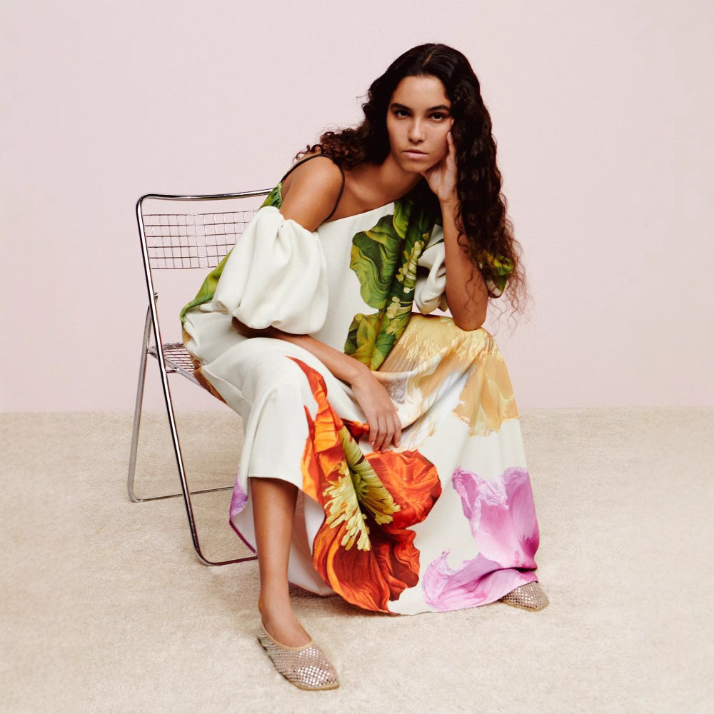 Floral Asymmetrical Neck Balloon Sleeve Maxi Dress