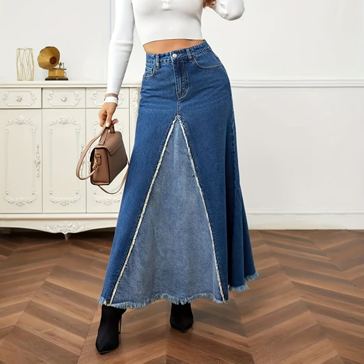 Autumn New Women's Denim Long Skirt Fashion Loose Spliced Denim Swing Skirt