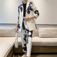 Retro Print Lapel Collar Long Sleeve Blazer and Trouser Set