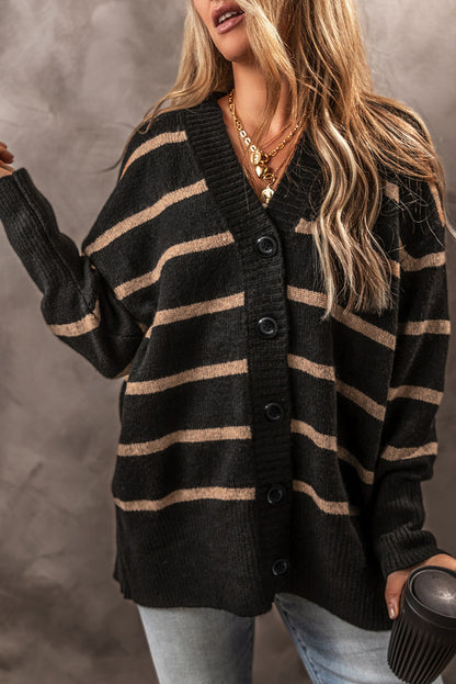 Striped Button Up Dropped Shoulder Cardigan