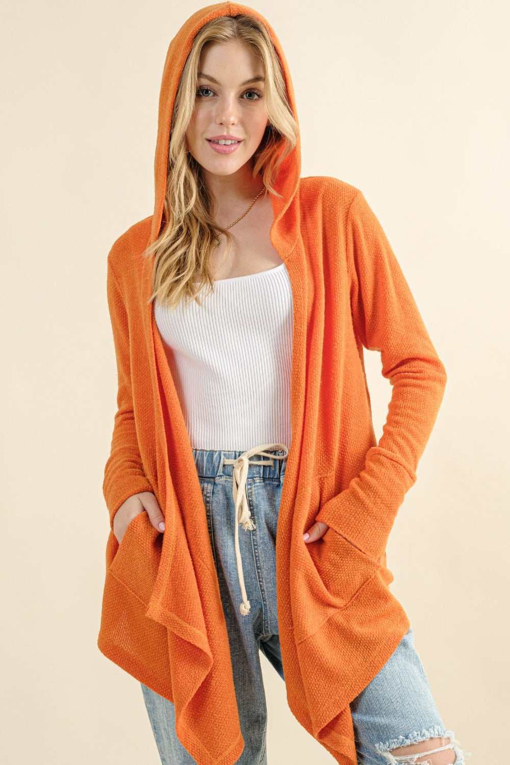 Thermal Hooded Open Front Cardigan with Pockets