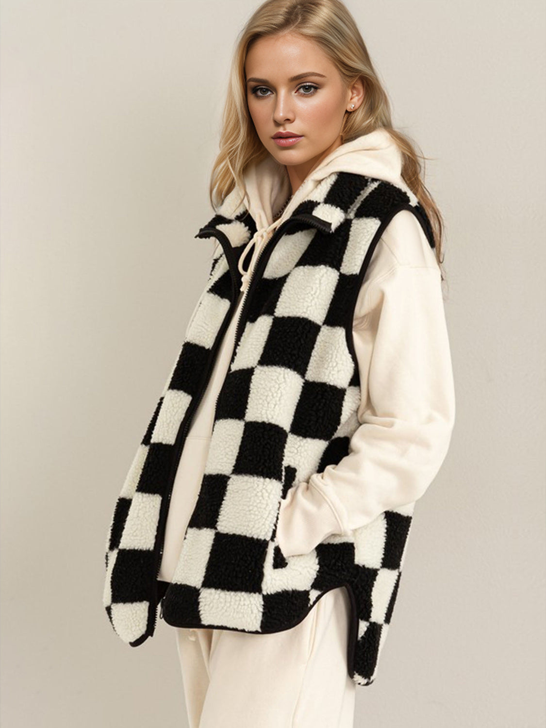 Zip Up Checkered Vest Coat