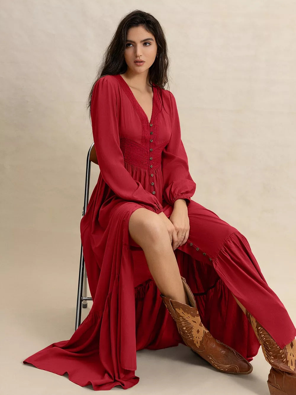 V-Neck Balloon Sleeve Ruffled Hem Maxi Dress
