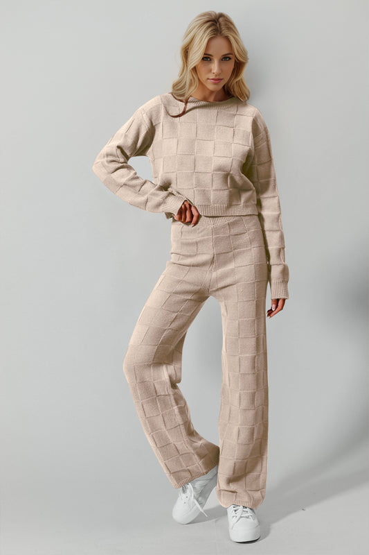 Checkered Round Neck Top and Pants Set