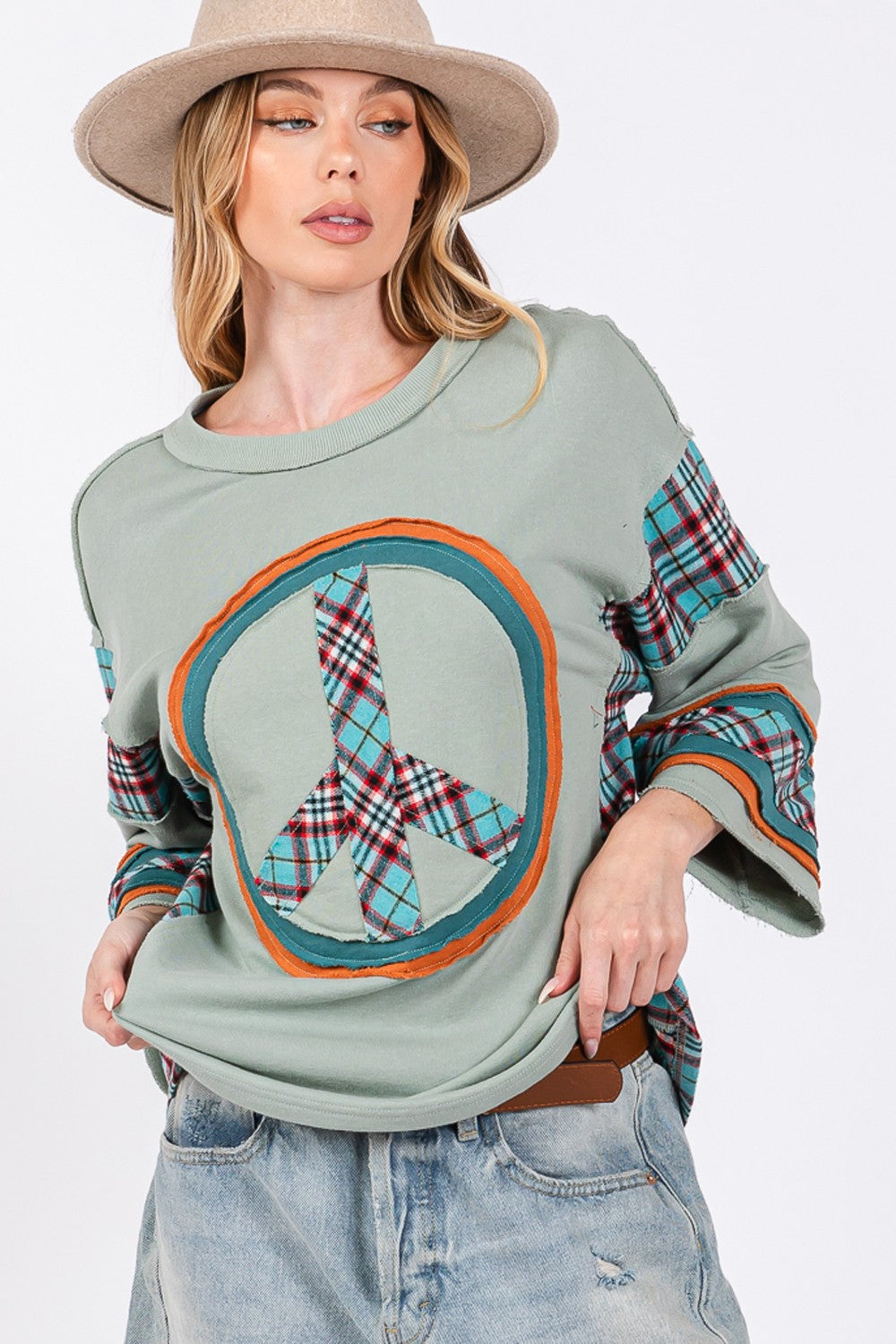 Peace Applique Patch Contrast Plaid Top