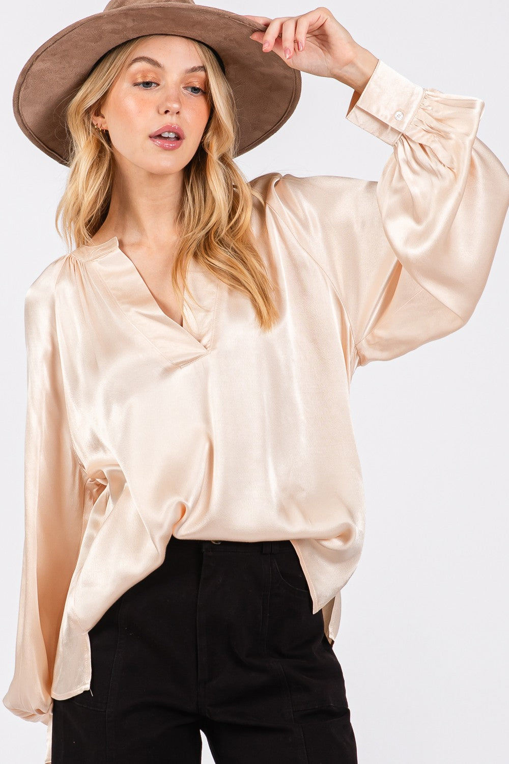 Notched Long Sleeve Blouse