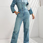 Half Button Long Sleeve Straight Leg Denim Jumpsuit